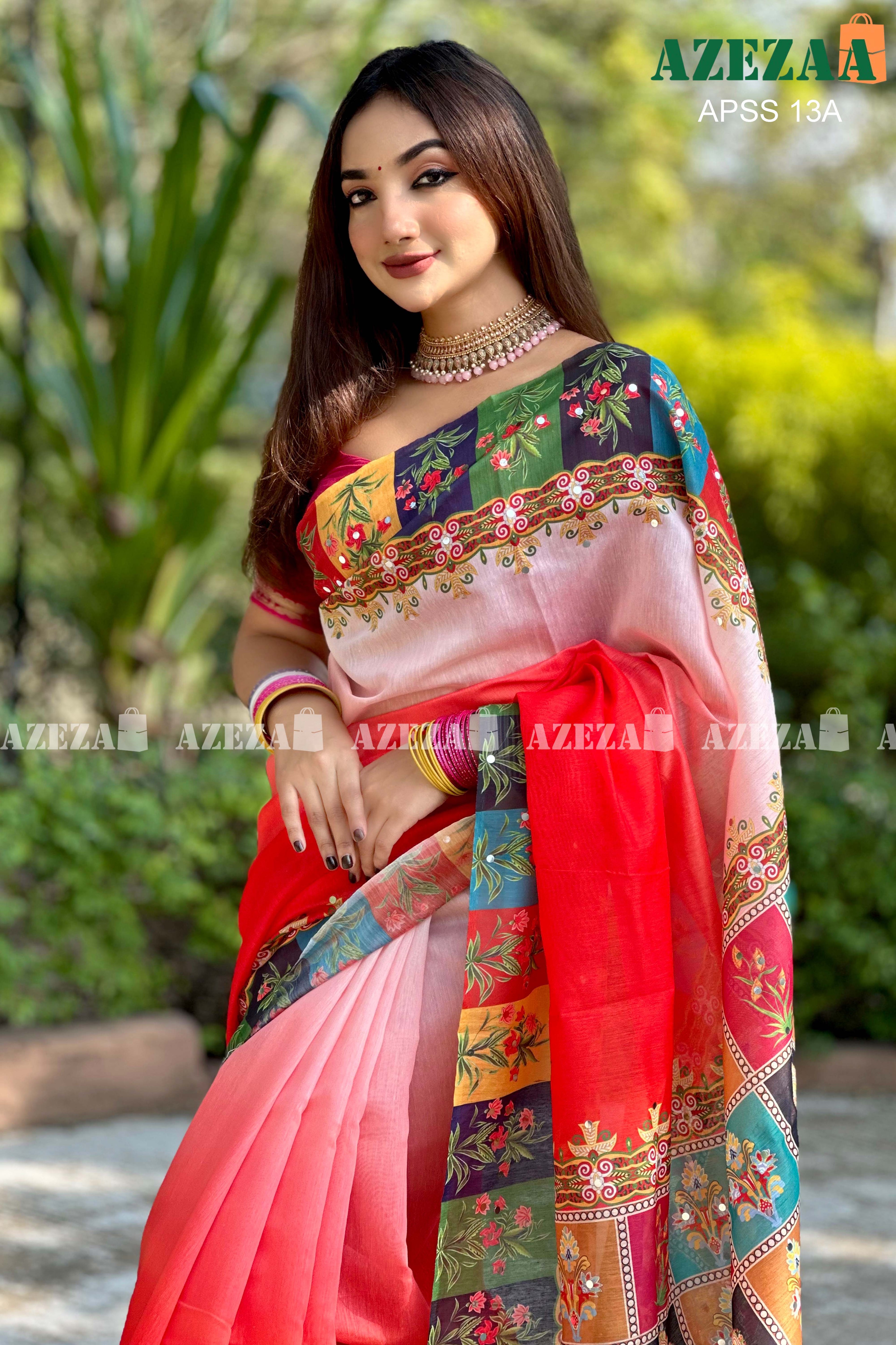 মিরর ওয়ার্ক সফট সিল্ক সিল্ক শাড়ি।